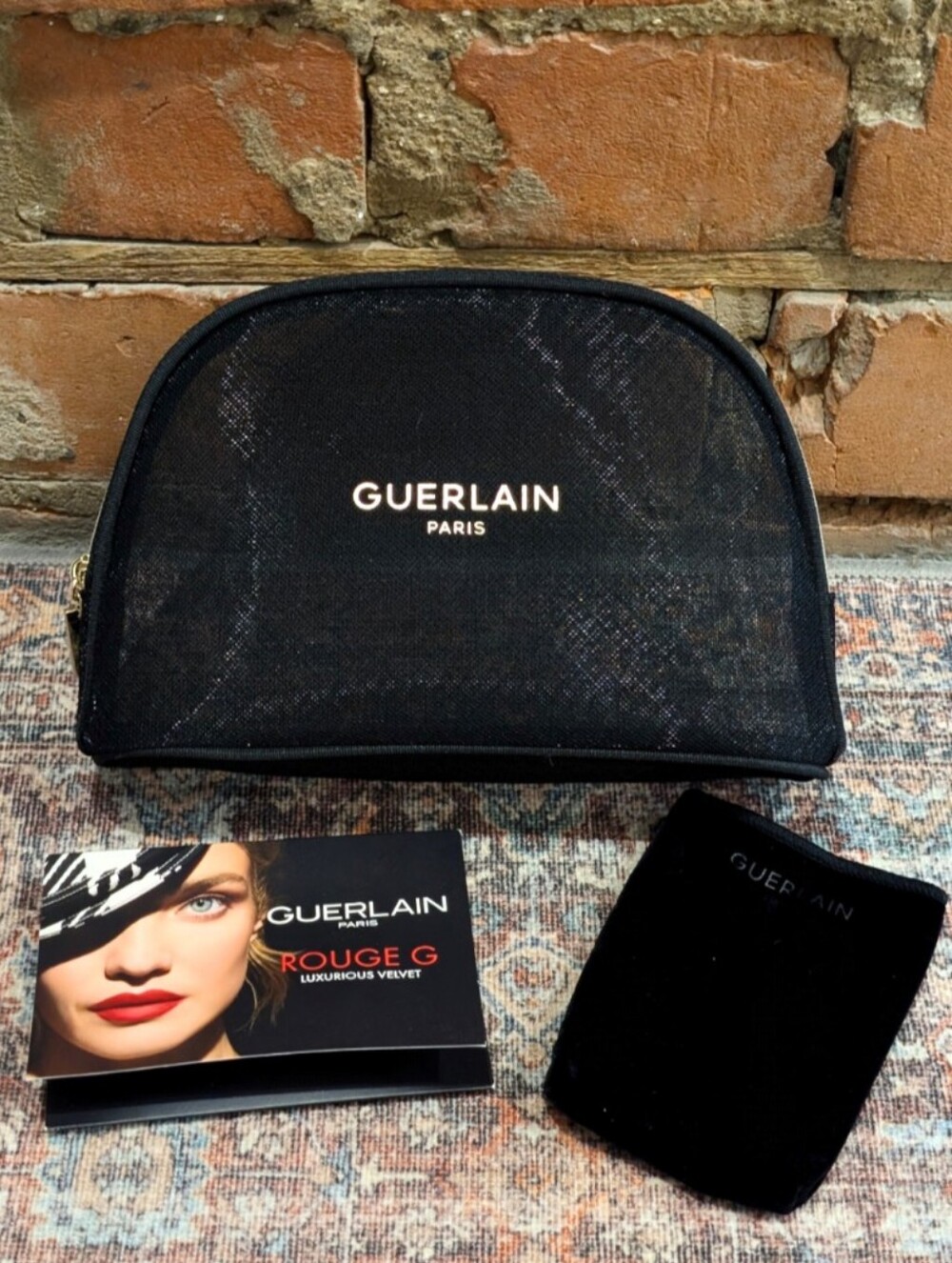 New! GUERLAIN Mesh Cosmetic Pouch Makeup Bag Travel Case with Extras